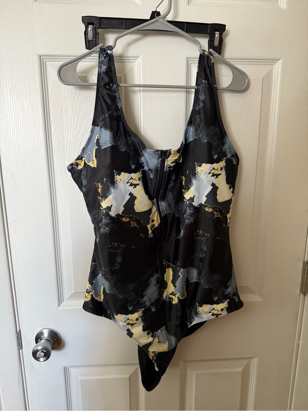 Black Abstract Print One-Piece Swimsuit with Yellow and Gray Accents
